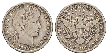 США 1/2 доллара (50 центов) 1909 D, 50 центов Барбера KM 116 серебро    5010-1714