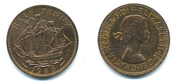 Великобритания 1/2 пенни 1965 Елизавета II (1952-2022) KM 896, Spink 4158 бронза 59-914