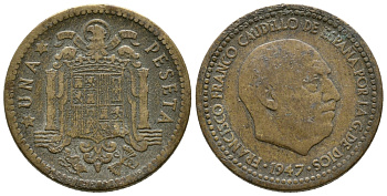 Испания 1 песета 1947 (54) Франсиско Франко (1939-1975) KM 775 алюминиевая бронза 85-1224