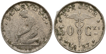 Бельгия 50 сантимов 1927 Belgique KM 87 никель 105-647