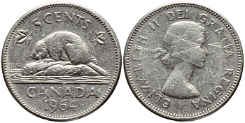 КАНАДА 5 ЦЕНТОВ 1964 БОБР KM 57 никель 4397-114