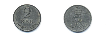 Дания 2 эре 1960 C; S, Фредерик IX (1947-1972) KM 840.2 цинк 4379-733