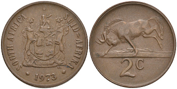 ЮАР 2 цента 1973 герб, антилопа гну KM 83 бронза 4561-714