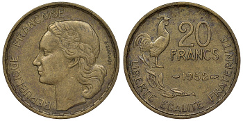 Франция 20 франков 1952 петух, 4 пера KM 917.1, Le Franc 402.9 алюминиевая бронза 4128-534