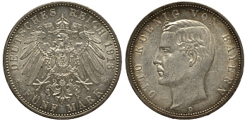 Бавария 5 марок 1913 D, Отто (1886-1913) Weege 47, J. 46, KM 512 серебро 3711-1544