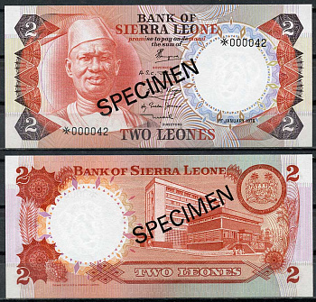Сьерра-Леоне 2 леоне 1978 Сиака Стивенс, образец, Specimen, № 000042 Pick 6 s  бумага  UNC (пресс) 7485-15-3-1