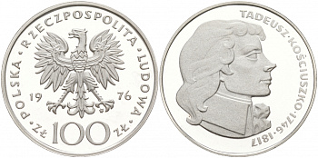 Польша 100 злотых 1976 MW, Тадеуш Костюшко (1746-1817) KM 82, Parchimowicz 274 серебро PROOF 1087-8-64