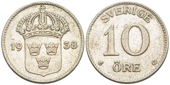 Швеция 10 эре 1938 G, Густав V (1907-1950) KM 780 серебро 116-1157