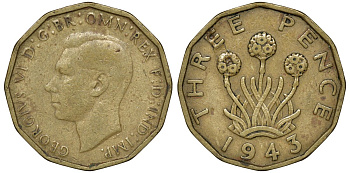 Великобритания 3 пенса 1943 Георг VI (1936-1952) KM 849, Spink 4112 никель латунь 72-1241