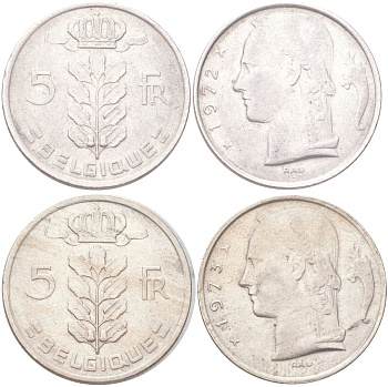 Бельгия набор из 2 монет разных годов (5 франков) 1972 и 1973 Belgique, Бодуэн I (1951-1993) KM 134 медно-никель 4143-616-617