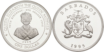 Барбадос 1 доллар 1995 95 лет со дня рождения Королевы-матери KM 65 серебро PROOF 1096-4-22