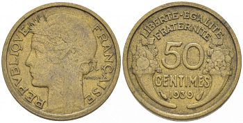 ФРАНЦИЯ 50 САНТИМОВ 1939 ТИП МОРЛОН KM 894.1, LE FRANC 192.15 алюминиевая бронза 3309-148