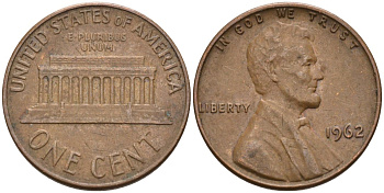 США 1 цент 1962 Линкольн KM 201 медь цинк 4115-832