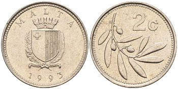 Мальта 2 цента 1993 оливковая ветвь KM 94 медно-никель 188-466