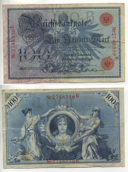 ГЕРМАНИЯ 100 МАРОК 1908 7 ФЕВРАЛЯ 1908, КРАСНАЯ ПЕЧАТЬ, ДЛИННА НОМЕРА СЕРИИ 29 ММ. Pick 33а бумага 7457-36-2-1