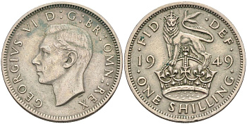 Великобритания 1 шиллинг 1949 Георг VI (1936-1952), Английский герб KM 876, Spink 4108 медно-никель 4116-832