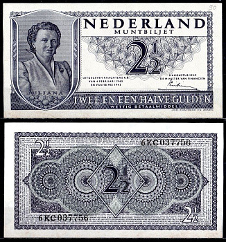 Нидерланды 2 1/2 гульдена 1945 Pick 73 бумага aUNC 7457-13-1-2