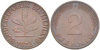 ФРГ 2 ПФЕННИГА 1972 F KM 106а, J. 381а сталь плакированная сталь плакированная медьюю 4181-768