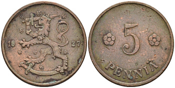 Финляндия 5 пенни 1927 KM 22 медь 96-335