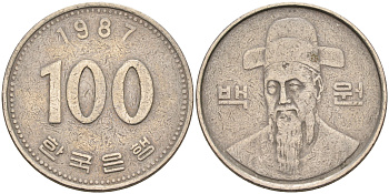 Южная Корея 100 вон 1987 Ли-Сунсин, корейский флотоводец KM 35.2 медно-никель 4589-433