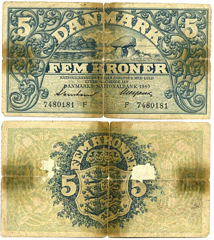 Дания 5 крон 1940 серия F Pick 30 d  бумага   7221-17-3-2