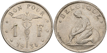 Бельгия 1 франк 1934 Belgique KM 89 никель 4150-812