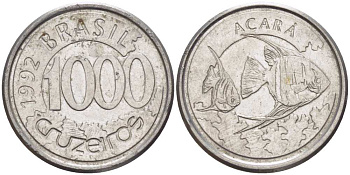 Бразилия 1000 крузейро 1993 реформа 1990-1993, рыбка Акара KM 626 нержавеющая сталь 26-653