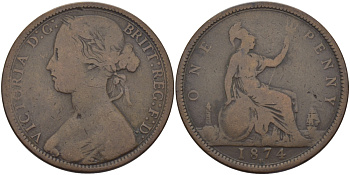 Великобритания 1 пенни 1874 Н, Виктория (1837-1901) KM 749.2, Spink 3955 бронза 97-921