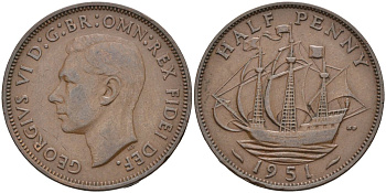 Великобритания 1/2 пенни 1951 Георг VI (1936-1952) KM 868, Spink 4118 бронза 4126-752