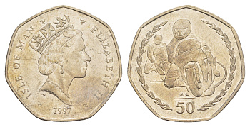 Остров Мэн 50 пенсов 1997 Мотогонки "Tourist Trophy", маленькая монета KM 806 медно-никель 4648-221