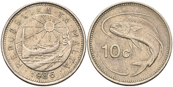 Мальта 10 центов 1986 золотая макрель KM 76 медно-никель 4588-214