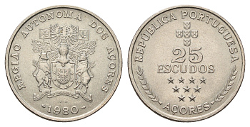 Португалия, Азорские острова 25 эскудо 1980 (1981) Автономная область Азорские острова KM 43 медно-никель UNC 4678-1052