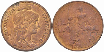 ФРАНЦИЯ 5 САНТИМОВ 1899 ТИП ДАНИЭЛЬ ДЮПЮИ KM 842, LE FRANC 119.7 бронза 108-816