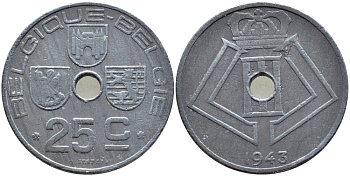 БЕЛЬГИЯ 25 САНТИМОВ 1943 BELGIQUE - BELGIE, ГЕРМАНСКАЯ ОККУПАЦИЯ, ВТОРАЯ МИРОВАЯ ВОЙНА KM 131 цинк 86-1533