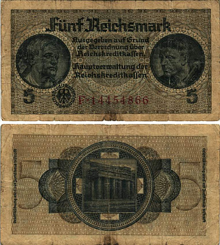 ГЕРМАНИЯ 5 РЕЙХСМАРОК 1940-1945 8 ЦИФР В НОМЕРЕ СЕРИИ, СЕРИЯ F, ДЛЯ ОККУПИРОВАНЫХ ТЕРРИТОРИЙ, ВТОРАЯ МИРОВАЯ ВОЙНА Pick R138b, Розенберг 553b бумага 8615-71-2-2