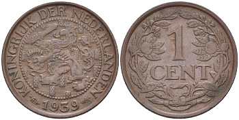 Нидерланды 1 цент 1939 Вильгельмина I (1890-1948) KM 152 бронза 76-335