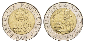 Португалия 100 эскудо 1999 Педру Нуниш (1502-1578), математик KM 645 биметалл 4391-1115