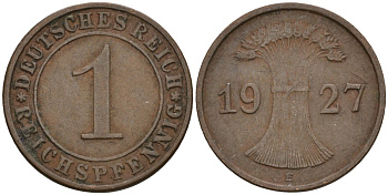 Германия 1 рейхспфенниг 1927 E KM 37, J. 313 бронза 4124-1238