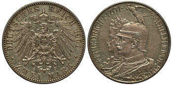 Пруссия 2 марки 1901 A, 200 лет Прусской королевской династии (Фридрих I - Вильгельм II) J.105, Weege 105, KM 525 серебро 3711-1035