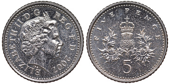 Великобритания 5 пенсов 2007 Елизавета II (1952-2022) KM 988, Spink 4670 (D5) медно-никель 4124-666