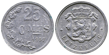 Люксембург 25 сантимов 1957 Шарлотта (1918-1964) KM 45a.1 алюминий 220-216