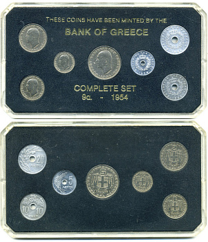 Греция набор из 7 монет 1954 в пластике, монеты из обращения 3-6-3-11