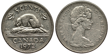 КАНАДА 5 ЦЕНТОВ 1972 БОБЁР, ЕЛИЗАВЕТА II (1952-) KM 60.1 никель 4182-247