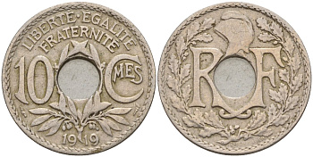 Франция 10 сантимов 1919 KM 866a, LE FRANC 138.3 медно-никель 4143-612