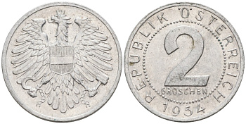 Австрия 2 гроша 1954 KM 2876 алюминий 4567-258