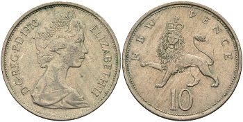 Великобритания 10 пенсов 1976 Елизавета II (1952-2022) KM 912, Spink 4231 (F1) медно-никель 81-1226