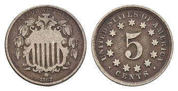 США 5 центов 1867 KM 97 медно-никель 4580-911