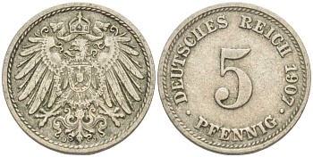 ГЕРМАНИЯ 5 ПФЕННИГОВ 1907 D KM 11, J. 12 медно-никель 105-125