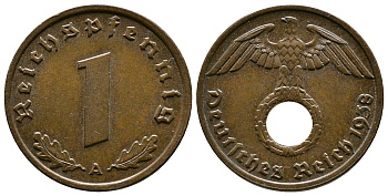 Германия 1 рейхспфенниг 1938 A KM 89, J. 361 бронза    220-242