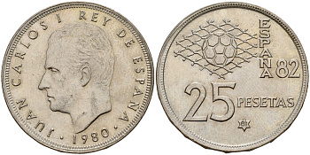 Испания 25 песет 1980 (81) Чемпионат мира по футболу в Испании 1982, Король Хуан Карлос I (1975 - 2014) KM 818 медно-никель 4187-1136